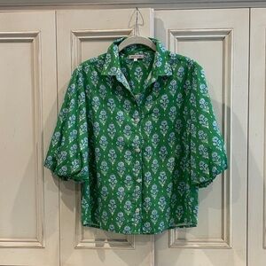 PATTY KIM Woman’s Green, White and Blue Patterned Button Down Shirt